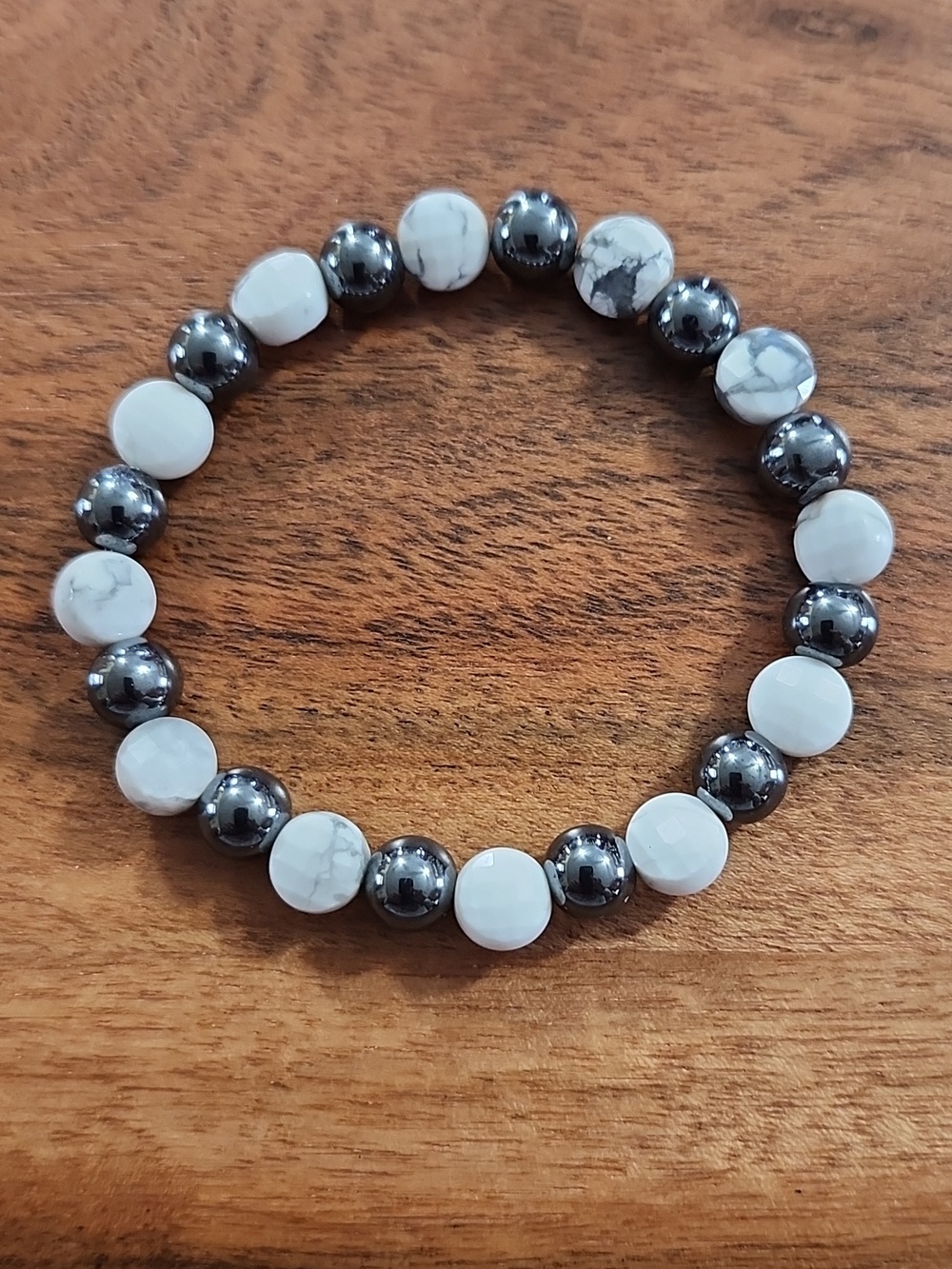 Handmade Black Hematite and White Howlite Beaded Bracelet